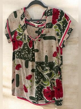 Burning Torch 100% Silk Blouse Short Sleeve Cowl Neck Olive and Fuchsia Size M